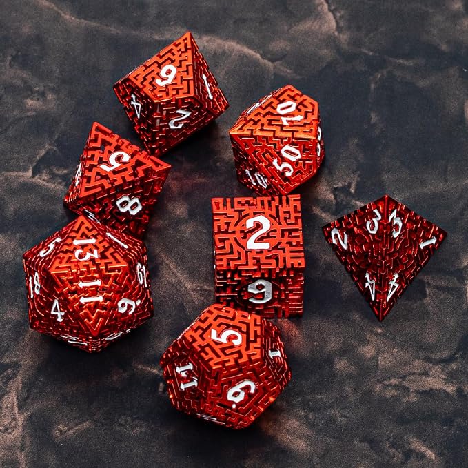 Red Metal Hollow DND Dice Set Metallic Luster Maze Design - Image 8