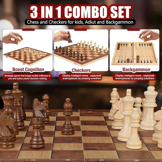 Chess Checkers Backgammon 3-in-1 Board Games Sets, Wooden Chess Set - Image 2