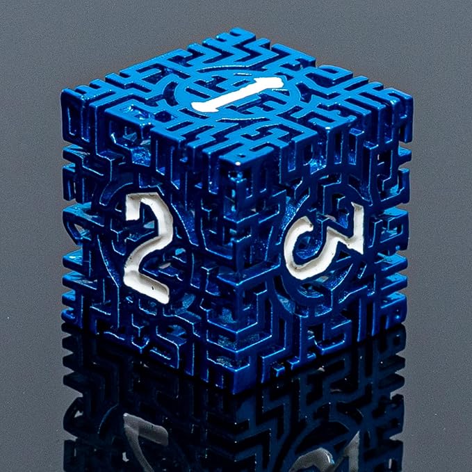 Blue Metal Hollow DND Dice Set Metallic Luster Maze Design - Image 3