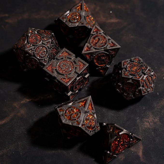 Orange Black Nickel Finish Heavy Metal DND Dice Set - Image 6