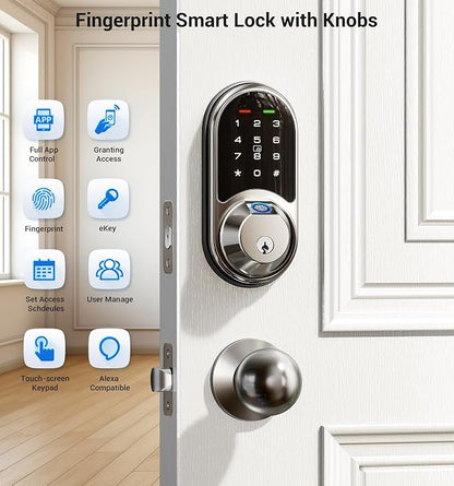 Veise RZ07C Smart Locks for Front Door, 2 Knob Handle Set, Fingerprint Keyless - Image 4
