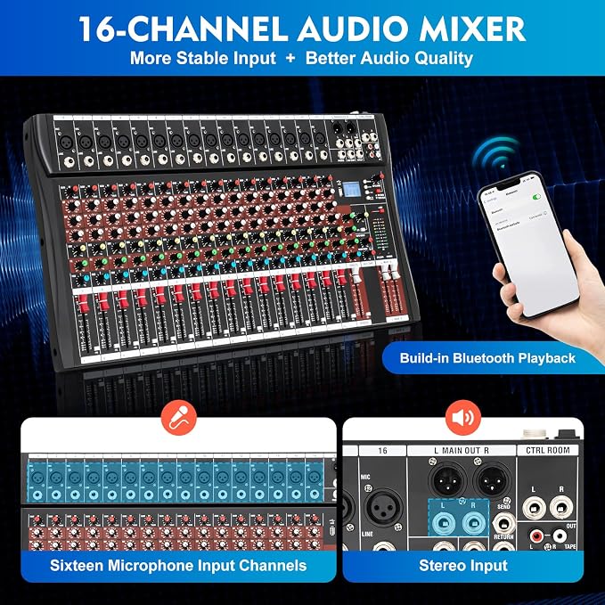 16 Channel Audio Mixer, Soundboard Mixing Console Sound Mixer DJ Sound - Image 2