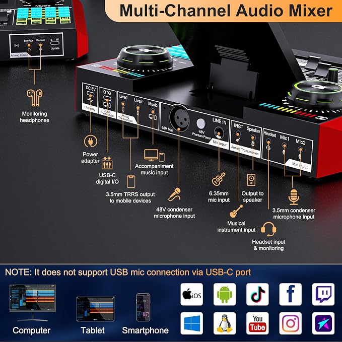 Audio Mixer, Sound Board for Pc/Phone Live Streaming Singing Gaming, Sound - Image 8