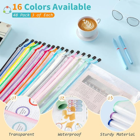 Umriox 48pcs Mesh Zipper Pouch Bags, A4 Size 16 Color Zipper Bags - Image 2