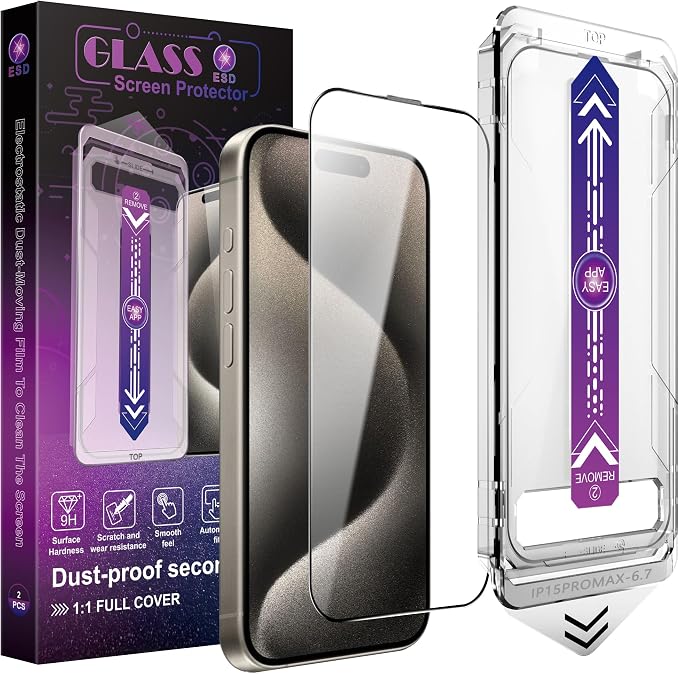 2 Pack Screen Protector for iPhone 15 Pro Max, 9H Tempered Glass, Full Coverage by Unknown