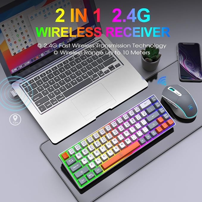Snpurdiri 60% Wireless Gaming Keyboard and Mouse Combo, Rainbow Backlit - Image 2