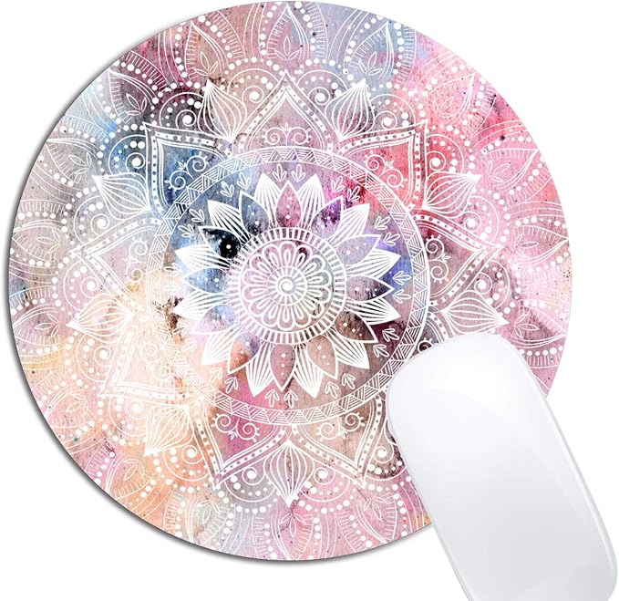 White Watercolor Mandala Mouse Pad Round Non-Slip Rubber Mousepad Laptop Office by XDMY