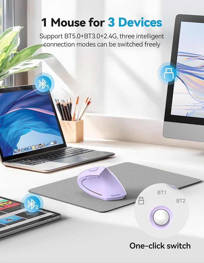 TECKNET Ergonomic Mouse, Rechargeable 2.4G+Bluetooth Vertical Mice 6 DPI - Image 2