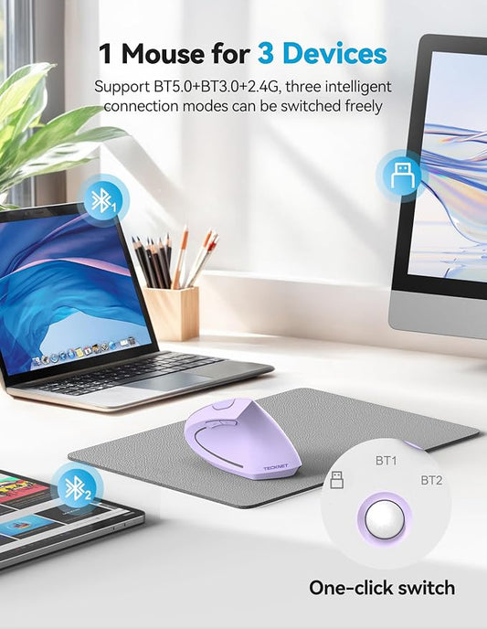 TECKNET Ergonomic Mouse, Rechargeable 2.4G+Bluetooth Vertical Mice 6 DPI - Image 2