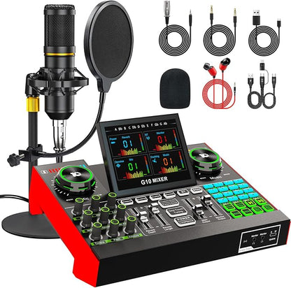 Podcast Microphone Bundle with Live Sound Card Audio Mixer, Podcast Equipment by tenlamp