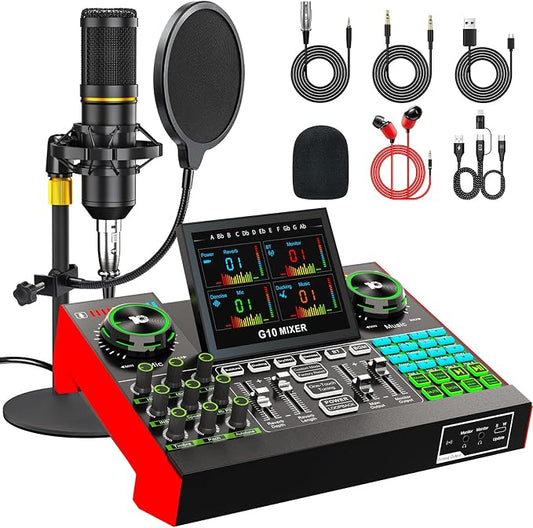 Podcast Microphone Bundle with Live Sound Card Audio Mixer, Podcast Equipment by tenlamp
