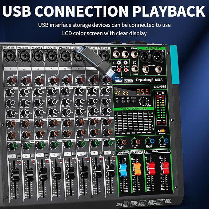 Depusheng MX8 8 Channel Sound Mixer Audio Mixing Console 48V 256DSP - Image 4
