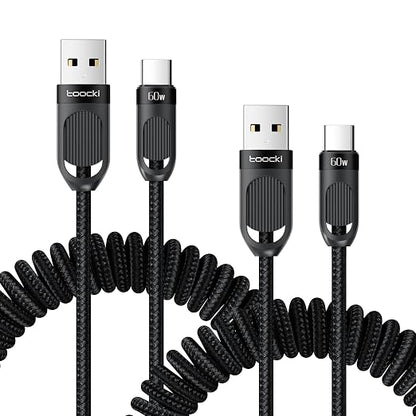 Coiled USB A to USB C 2Pack 3FT Braided Retractable Fast Charging Cable by toocki