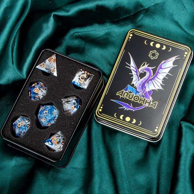 ARUOHHA Blue DND Resin Dice Set 7PCS Translucent Handmade RPG Polyhedral Sharp - Image 6