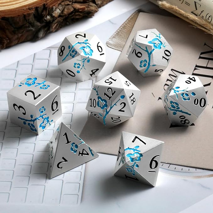 Glow in The Dark Flower Metal Dice, DNDND 7 PCS Blue Metallic D&D Dice Set - Image 7