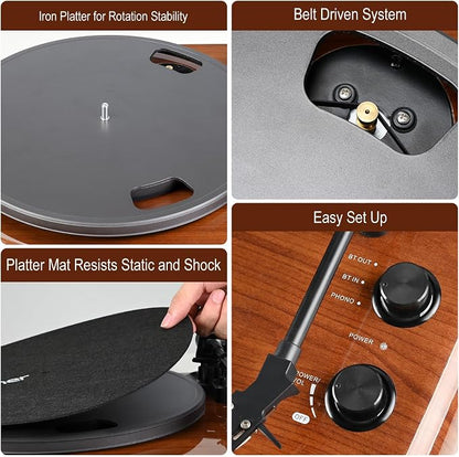 Vinyl Record Player with Bluetooth Input Output, Turntable with Built-in Preamp - Image 6