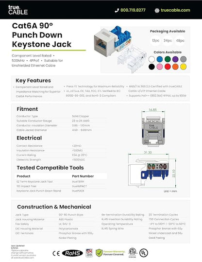 trueCABLE Cat6A Keystone Jack, Unshielded, 90 Degree Punch-Down, UL Listed - Image 8
