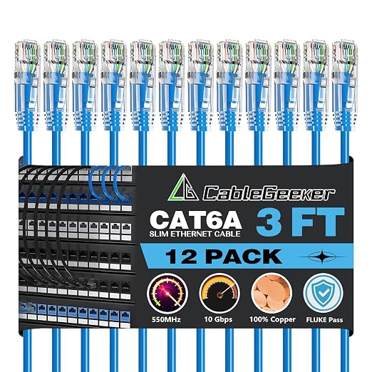 CableGeeker Patch Cables Cat6a 3ft Slim, Cat6 Ethernet Patch Cable 10G Support by CableGeeker