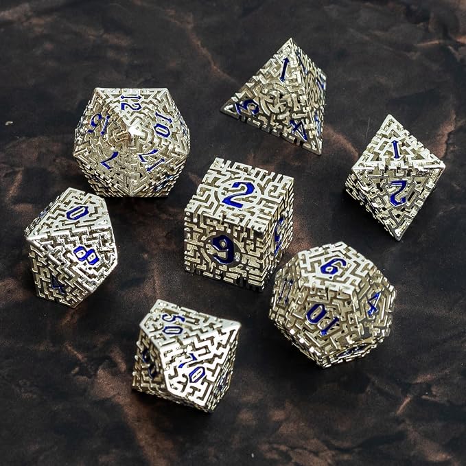 Silver Metal Hollow DND Dice Set Metallic Luster Maze Design - Image 8