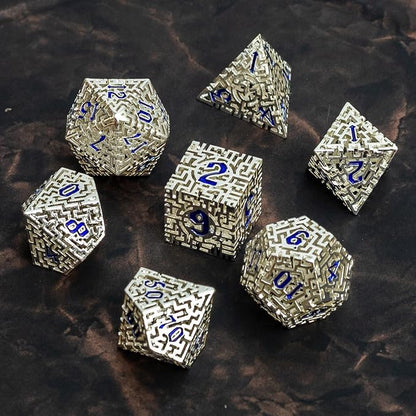 Silver Metal Hollow DND Dice Set Metallic Luster Maze Design - Image 8