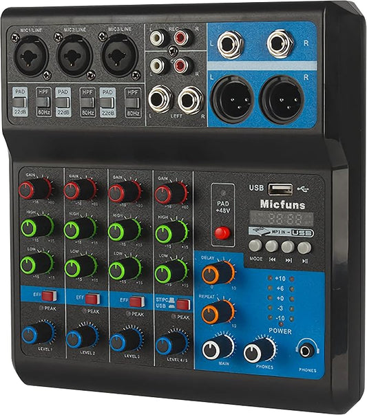 Mini audio DJ mixer Sound Board Console System, 5 Channel 48V Phantom Power by micfuns