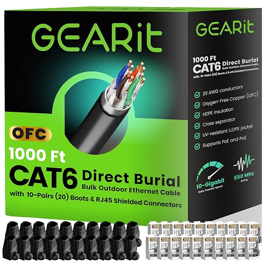 GEARit Cat6 Outdoor Ethernet Cable 23AWG OFC Pure Copper, Waterproof, Direct by GEARit