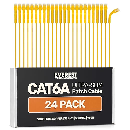 Everest Ultra Slim Cat6a Ethernet Patch Cables 10ft Yellow by EverestMediaSolutions