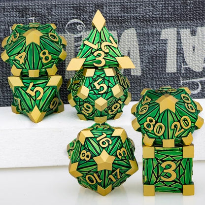 Metal DND Dice Set with Box, Debris RPG Green Golden D and D Dice - Image 5