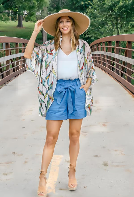 Women's Floral Print Puff Sleeve Kimono Cardigan Loose Cover Up Casual Blouse - Image 2