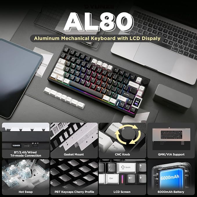 YUNZII AL80 Wireless Mechanical Keyboard, Full Aluminum CNC, Smart LCD Display - Image 2