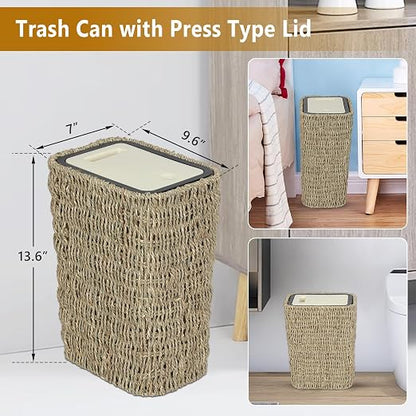 Trongee Boho Trash Can with Lid, 3 Gallon Small Rattan Trash Can with Press Top - Image 2