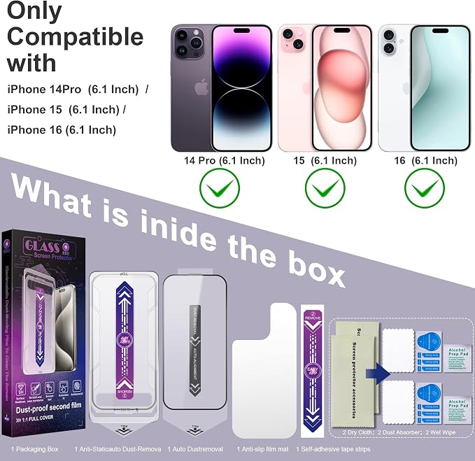 2 Pack Screen Protector for iPhone 14 Pro/iPhone 15 / iPhone 16, 9H Tempered - Image 7