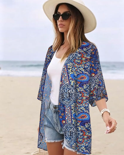 Women's Floral Print Puff Sleeve Kimono Cardigan Loose Cover Up Casual Blouse - Image 5