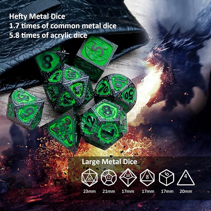 Haxtec Metal Dice Set Green Black Dragon Pattern Metal DND Dice - Image 6