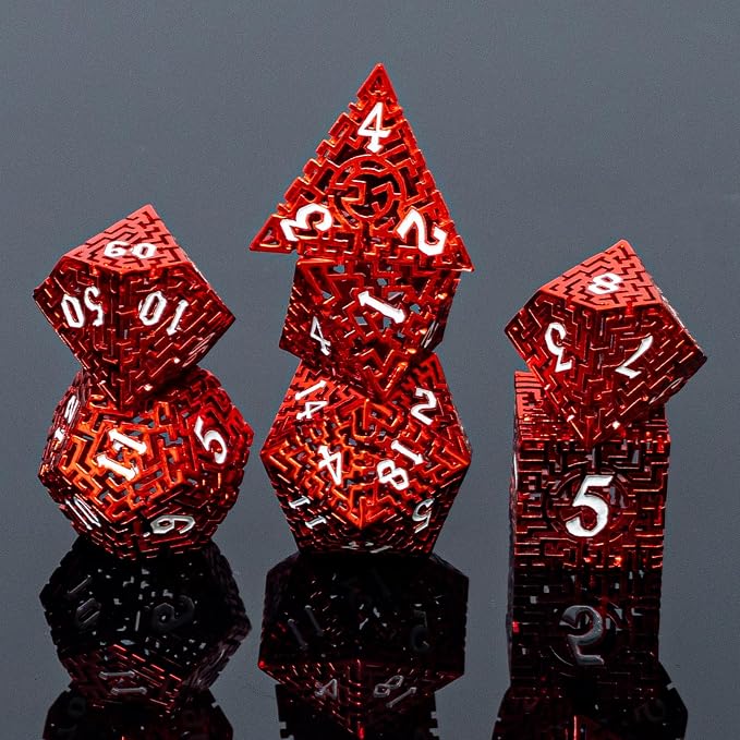 Red Metal Hollow DND Dice Set Metallic Luster Maze Design by Unknown