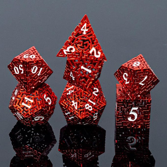 Red Metal Hollow DND Dice Set Metallic Luster Maze Design by Unknown