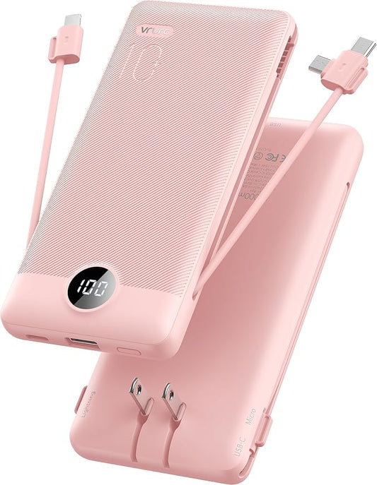 VRURC Portable Charger Built-in Cables and AC Wall Plug, USB C Power Bank by Home