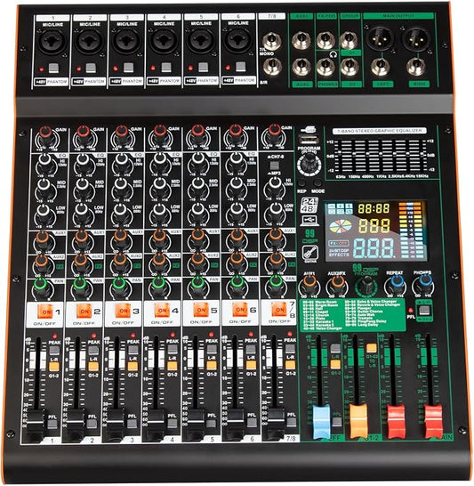 Depusheng TG8 professional dj audio mixer 8 channel input and dual group output by Depusheng