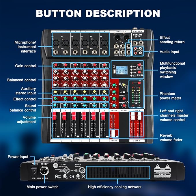 6 Channel Audio Mixer, Professional Music Mixer Board DJ Mixing Console - Image 8