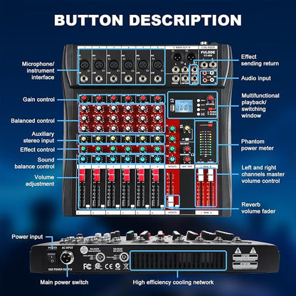 6 Channel Audio Mixer, Professional Music Mixer Board DJ Mixing Console - Image 8