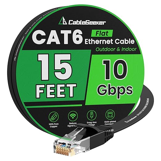 Cat 6 Ethernet Cable 15 ft, Indoor&Outdoor, High Speed 10Gbps Flat Internet by CableGeeker