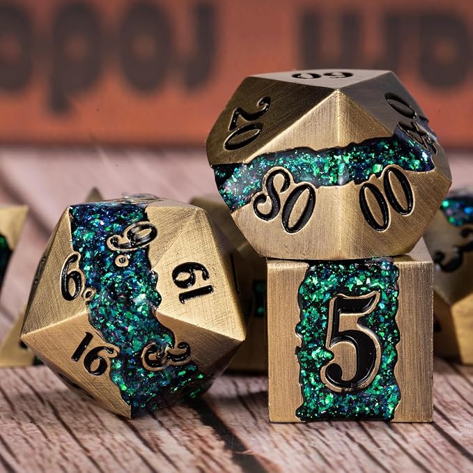 Metal RPG Dice Set, Mica Glitter Stripe Dice DND, Antique Bronze Dice 7pcs Set - Image 3