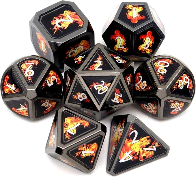 Haxtec Fire Bolt Real Scene Metal DND Dice Set Black Polyhedral Metal Dice by HaxtecDice