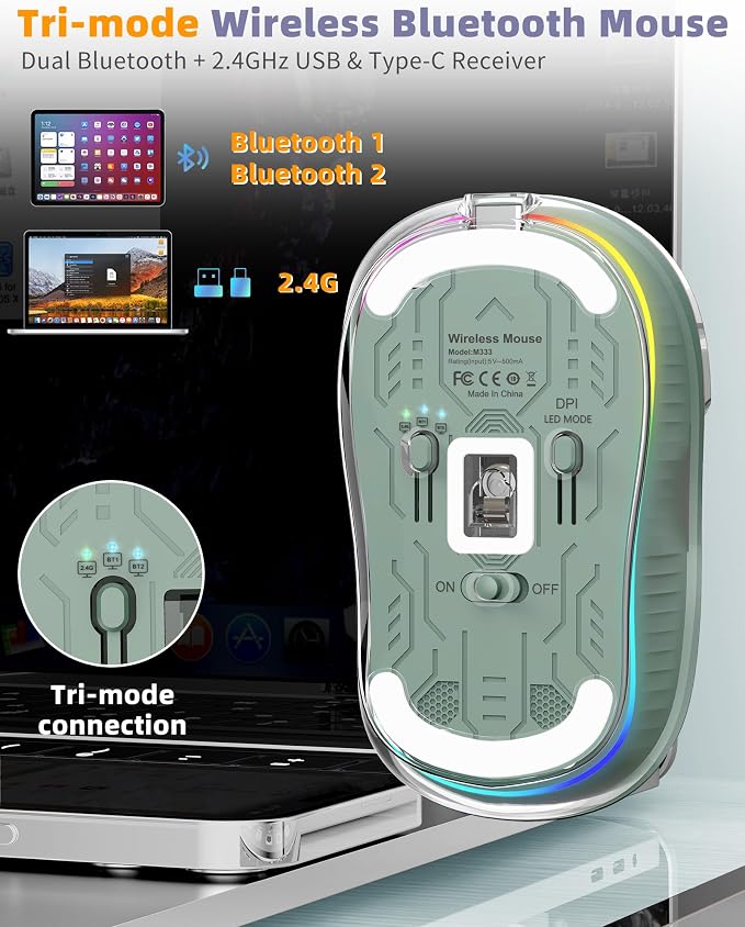 Bluetooth Wireless Mouse, Transparent RGB Tri-Modes Mouse, USB-C Receiver Ideal - Image 6