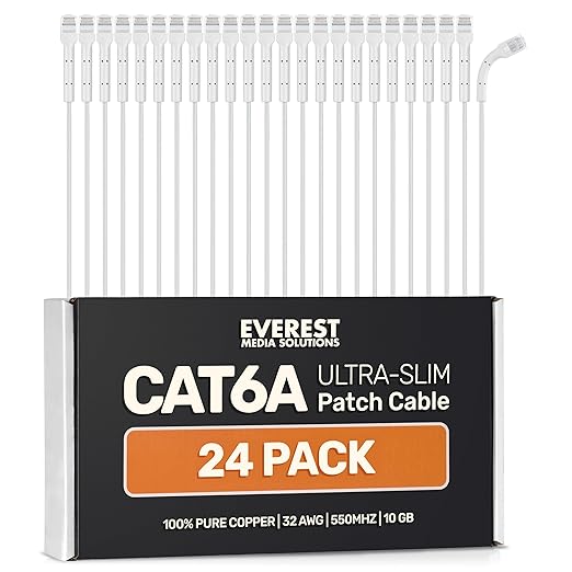 Everest Ultra Slim Cat6a Ethernet Patch Cables 3ft White by EverestMediaSolutions