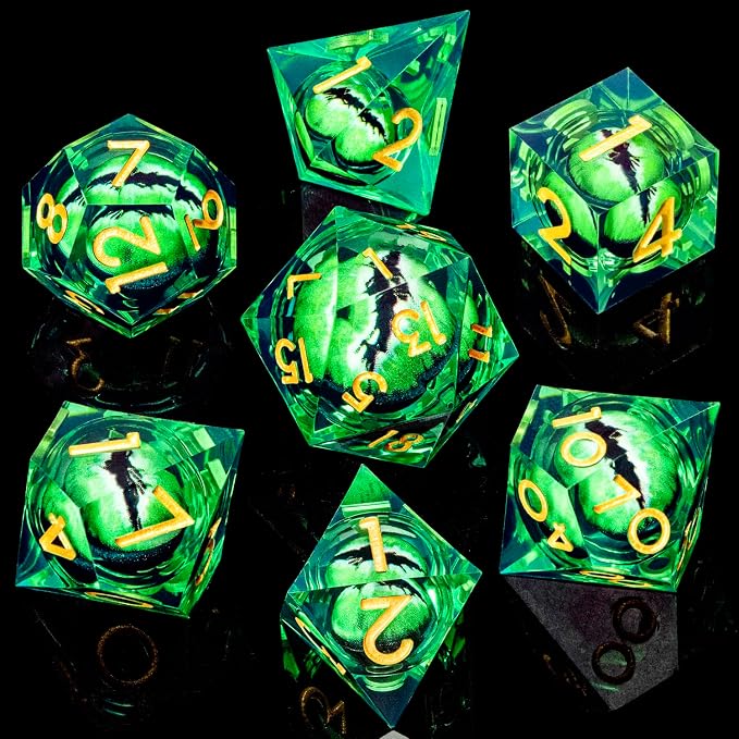 ARUOHHA DND Resin Dice Dragon Eye Dice Liquid Core Green Sharp Edged Dice Set - Image 2