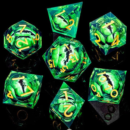 ARUOHHA DND Resin Dice Dragon Eye Dice Liquid Core Green Sharp Edged Dice Set - Image 2