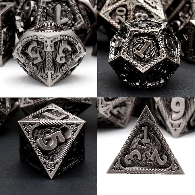 PJOY Metal DND Dice Set Antique Silver Dragon Scale D&D Polyhedral Dice - Image 3