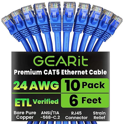 GearIT 10-Pack, Cat5e Ethernet Patch Cable 6 Feet by GEARit