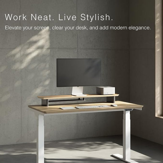 White Oak Dual‑Tier Ergonomic Desk Setup – Modern Wooden Monitor Stand & - Image 2